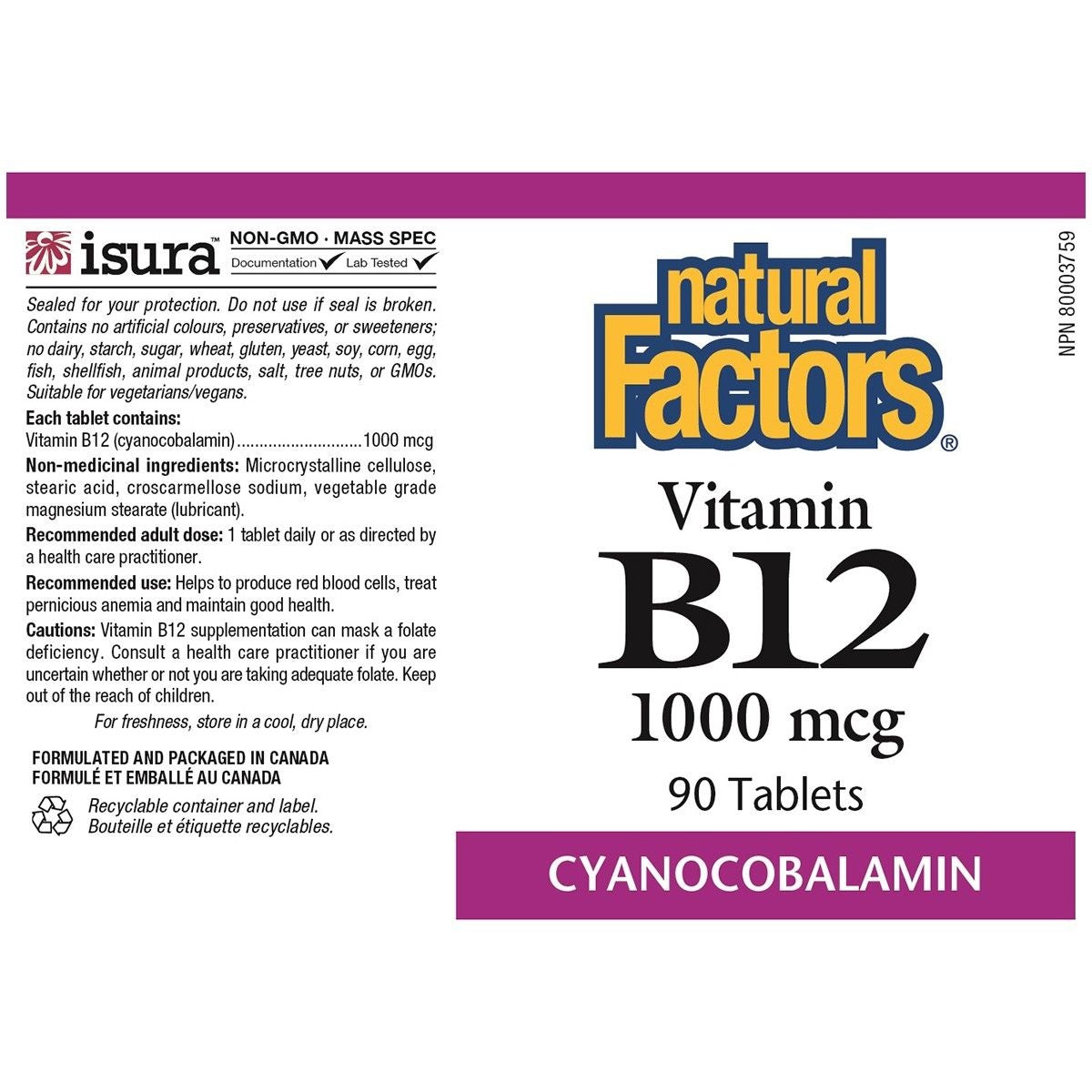 Natural Factors B12 Cyanocobalamin 1000mcg 90tabs