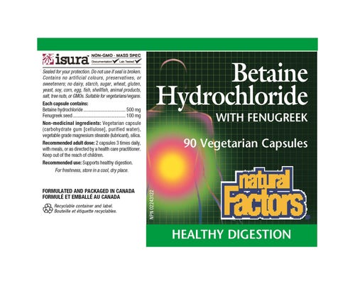 Natural Factors Betaine Hydrochloride with Fenugreek 500mg 90 caps