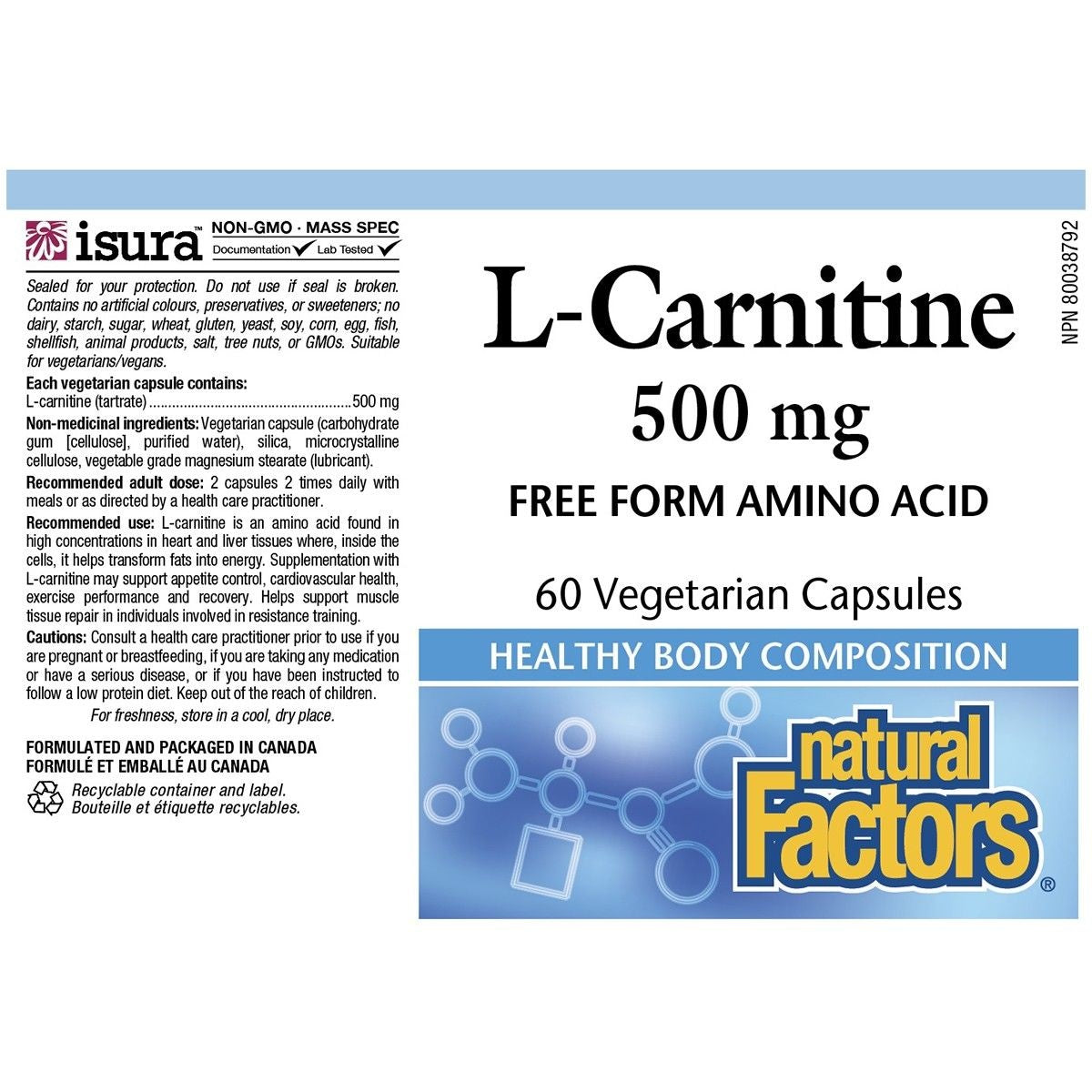 Natural Factors L-Carnitine 500mg 60 V Caps