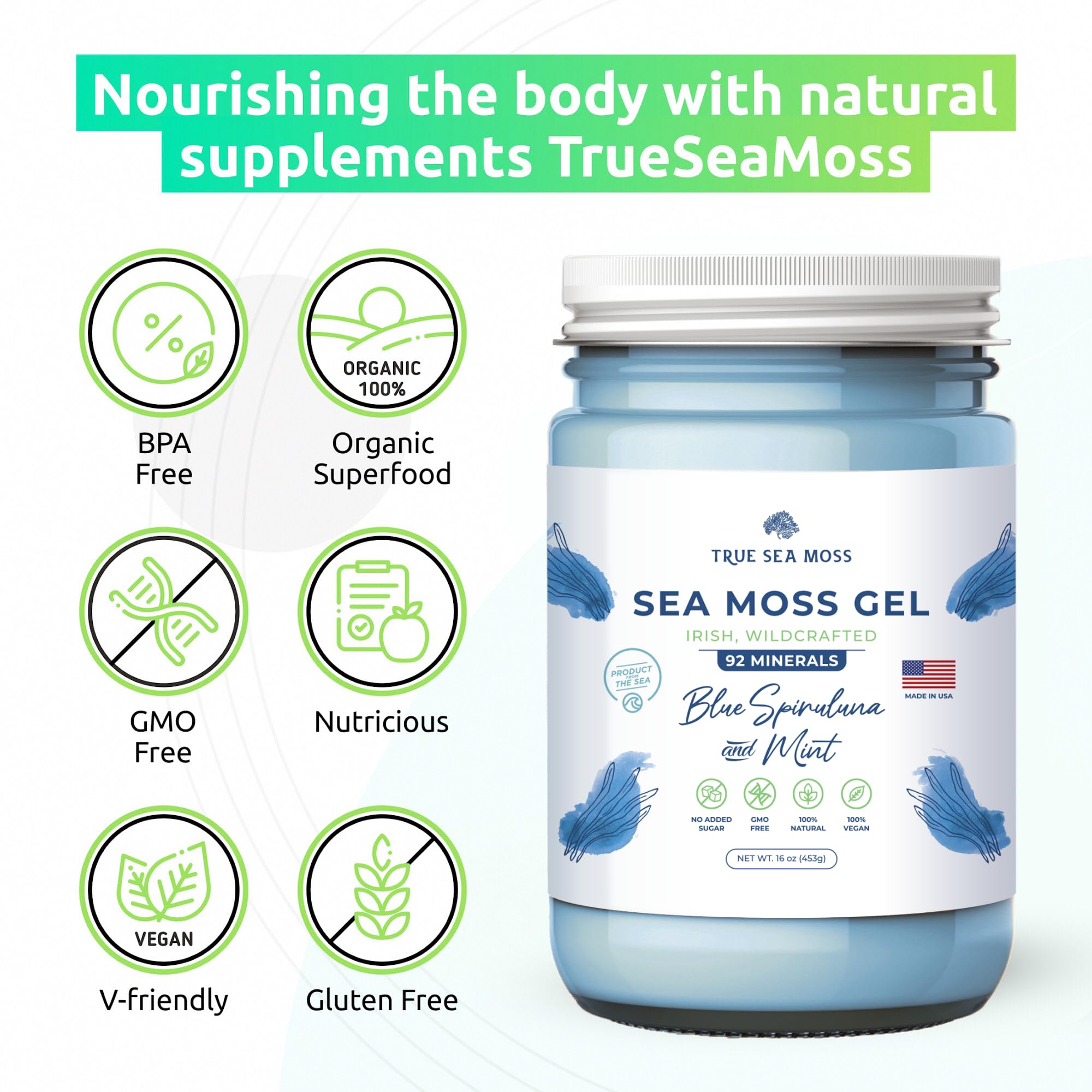 True Sea Moss - Sea Moss Gel - Blue Spirulina + Mint - 453g
