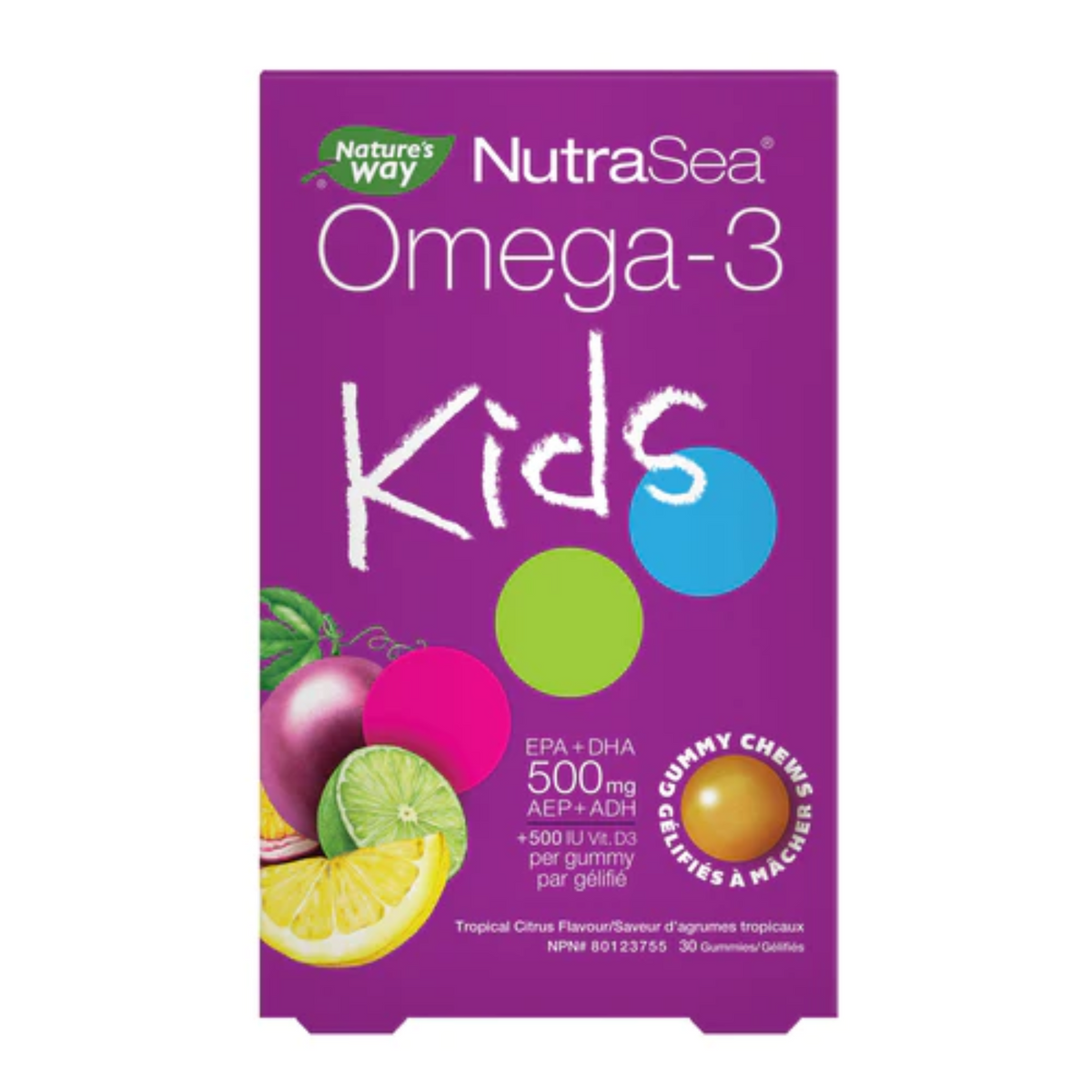 NutraSea Omega-3 Kids EPA+DHA 500mg + 500IU Vit D3 30 Tropical Citrus Gummies