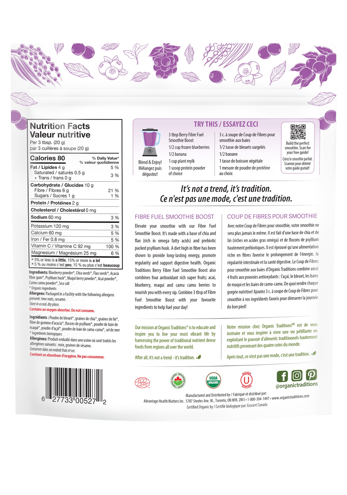 Organic Traditions Fibre Fuel Smoothie Boost Berry 300g