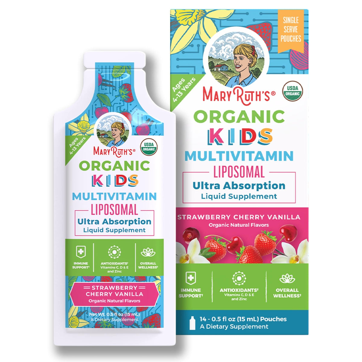 Mary Ruth's Organic Kids Multivitamin Liposomal - Strawberry Cherry Vanilla 14 pouches