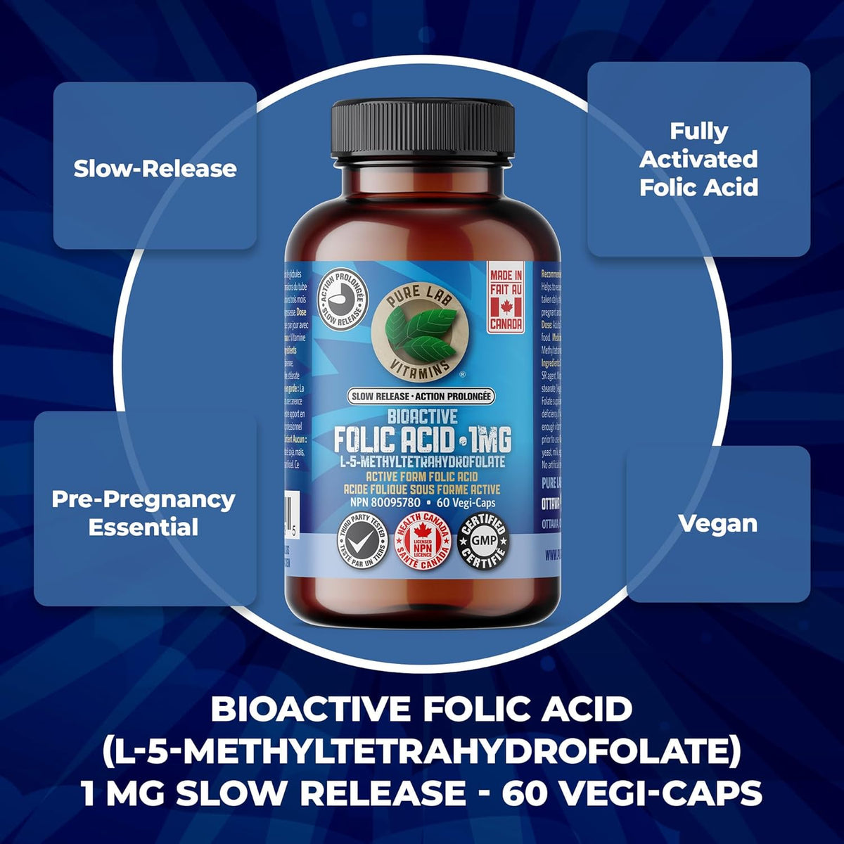 Pure Lab Vitamins Bioactive Folic Acid 1mg 60 vcap