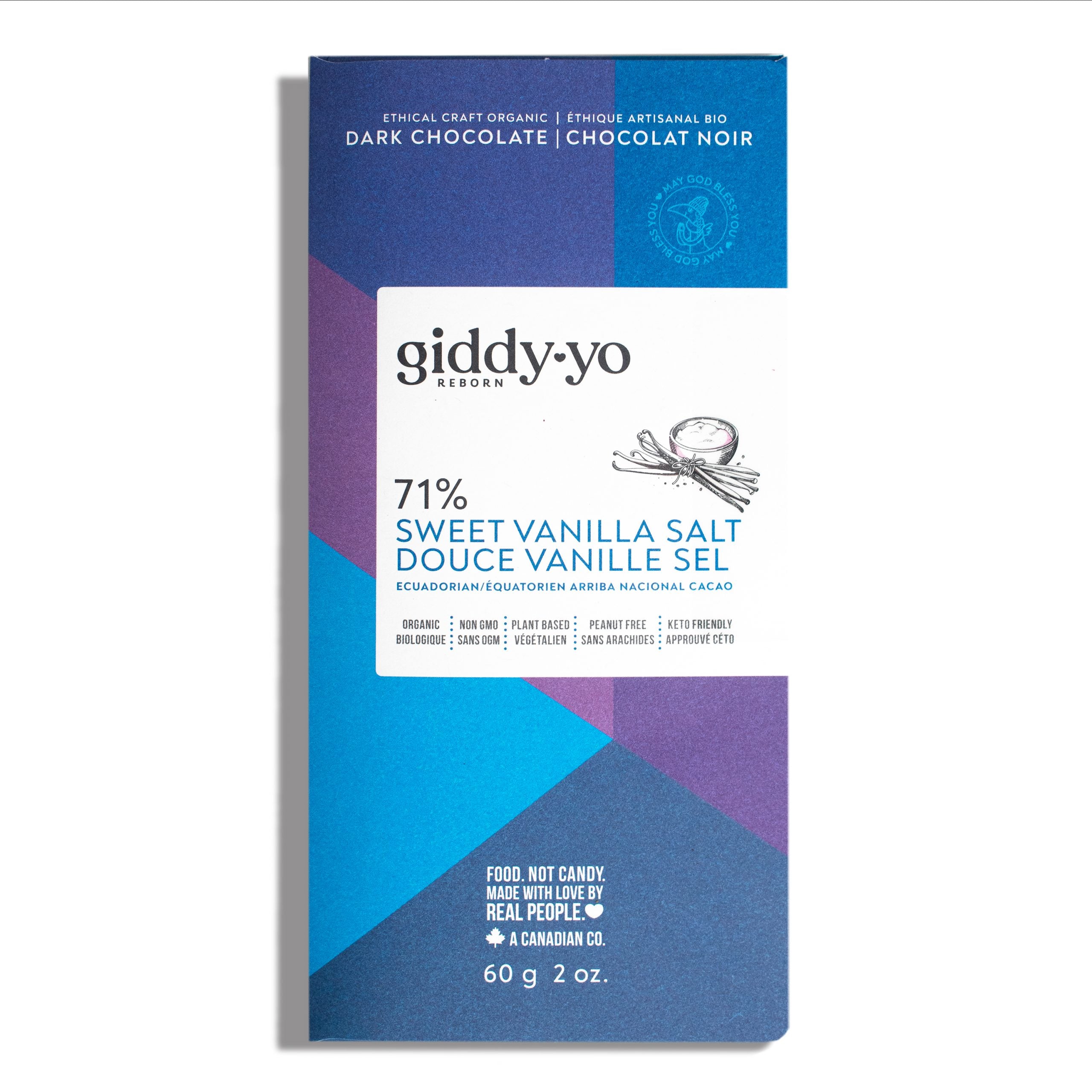 Giddy Yo 71% Sweet Vanilla Salt Dark Chocolate Bar 60g