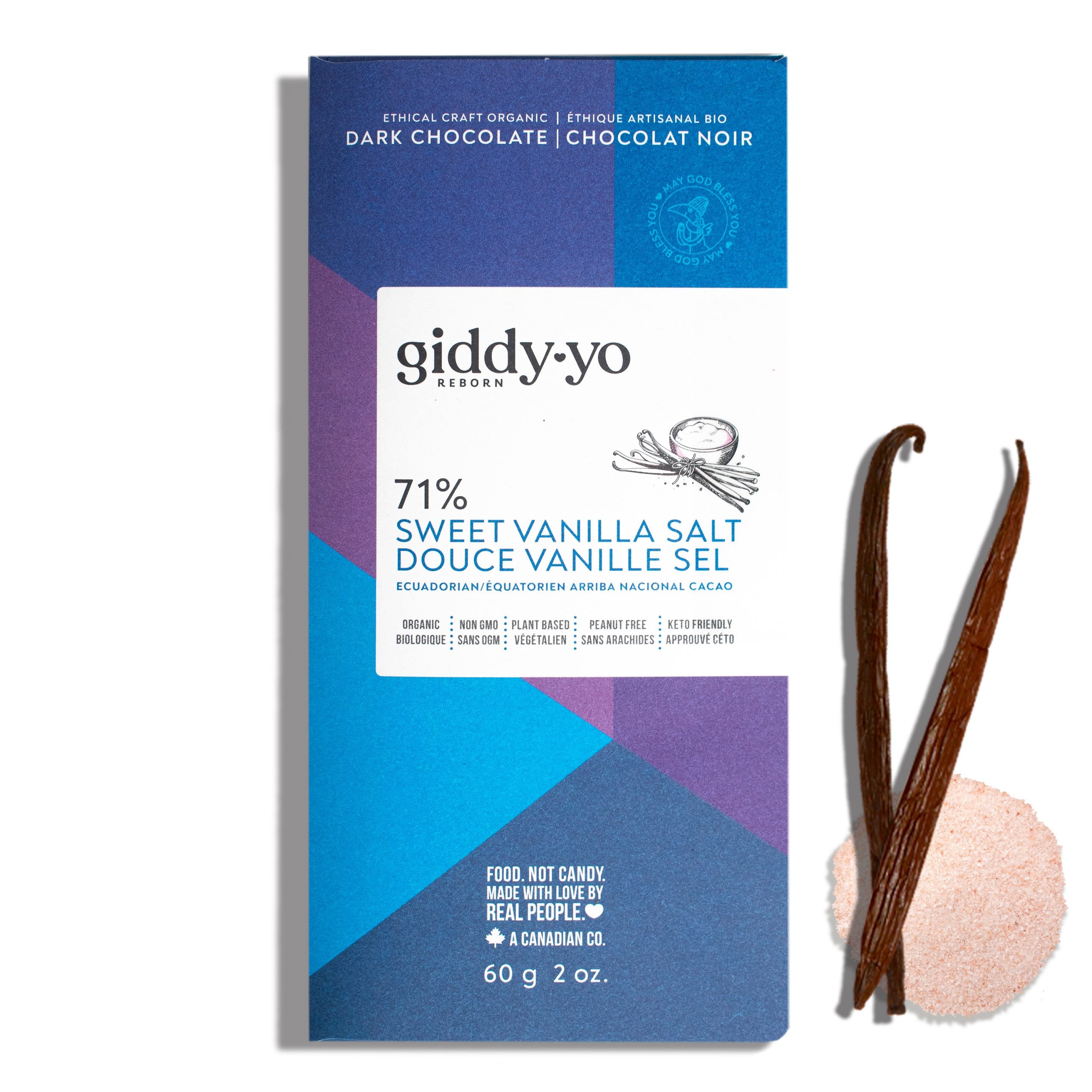 Giddy Yo 71% Sweet Vanilla Salt Dark Chocolate Bar 60g