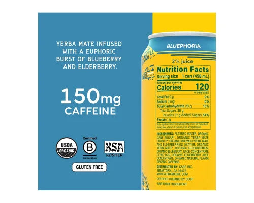 Yerba Madre Organic Yerba Mate Non-Sparkling Beverage- Bluephoria 458mL