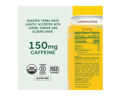 Yerba Madre Organic Yerba Mate Non-Sparkling Beverage- Lemon Elation 458mL