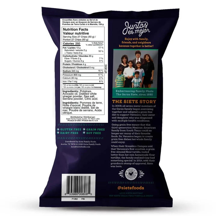 Siete Sea Salt & Vinegar Hint of Serrano Potato Chips 156g