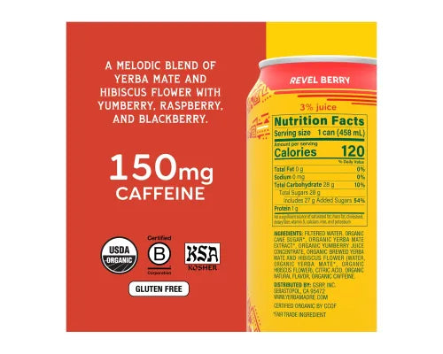 Yerba Madre Organic Yerba Mate Non-Sparkling Beverage- Revel Berry 458mL
